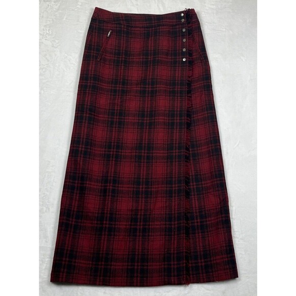 Eddie Bauer Plaid Wrap Skirt Red Black Wool Blend Fringe Size 4 - Picture 1 of 9